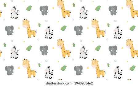 Cute jungle animals, seamless pattern background, texture for clothing, textiles, packaging, wallpaper, fabric, vector flat illustration on white background