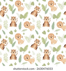 Cute jungle animals seamless pattern. Adorable tropical animal pattern for kids. Whimsical safari hand drawn vector design in flat cartoon style