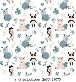 Cute jungle animals seamless pattern. Adorable tropical animal pattern for kids. Whimsical safari hand drawn vector design in flat cartoon style