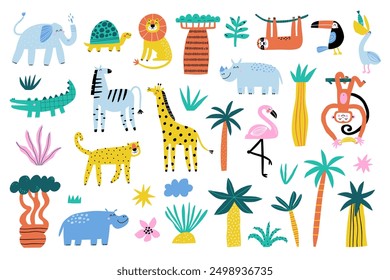 Cute jungle animals set. Childish print for greeting cards, birthday invitation, apparel. Vector illustration