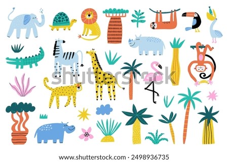 Cute jungle animals set. Childish print for greeting cards, birthday invitation, apparel. Vector illustration