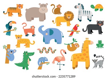 Cute jungle animals set with elephant, lion, tiger, koala, giraffe, zebra, monkey, hippo, lemur, crocodile and flamingo. Cartoon vector illustration isolated on white background.