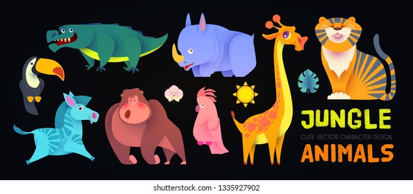 Cute Jungle Animals Set. Exptic Wild Collection. Vector illustration