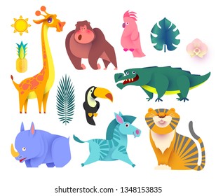 Cute Jungle Animals Set. Exptic Wild Collection. Vector illustration