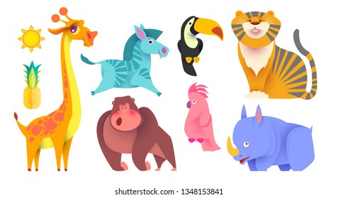 Cute Jungle Animals Set. Exptic Wild Collection. Vector illustration