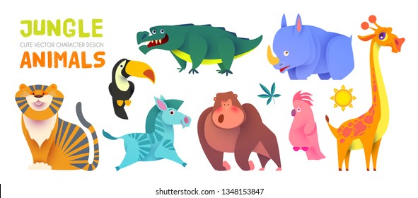 Cute Jungle Animals Set. Exptic Wild Collection. Vector illustration