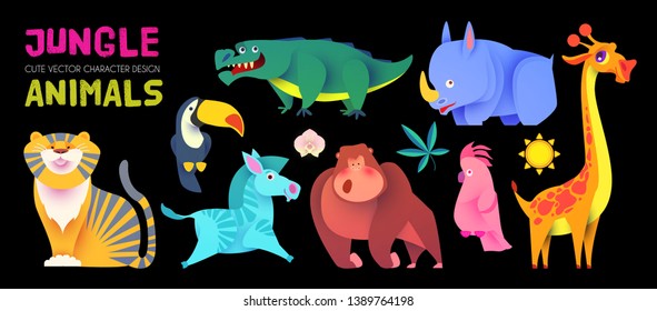 Cute Jungle Animals Set. Exptic Wild Collection. Vector illustration
