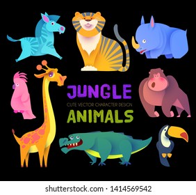 Cute Jungle Animals Set. Exptic Wild Collection. Vector illustration