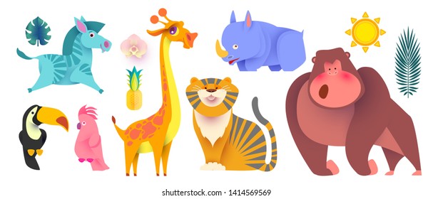 Cute Jungle Animals Set. Exptic Wild Collection. Vector illustration