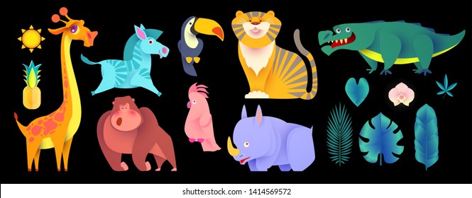 Cute Jungle Animals Set. Exptic Wild Collection. Vector illustration