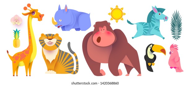 Cute Jungle Animals Set. Exptic Wild Collection. Vector illustration