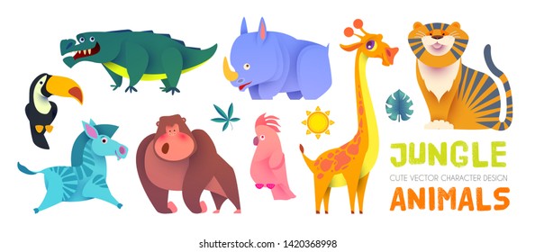 Cute Jungle Animals Set. Exptic Wild Collection. Vector illustration