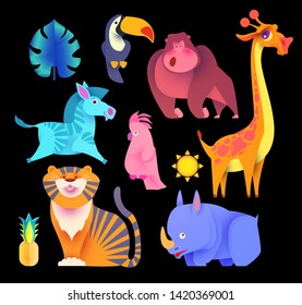 Cute Jungle Animals Set. Exptic Wild Collection. Vector illustration