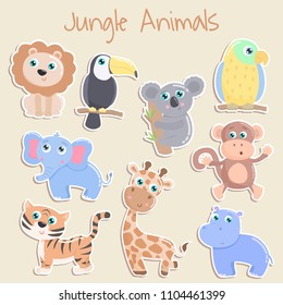 Cute jungle animals sticker. Flat design.