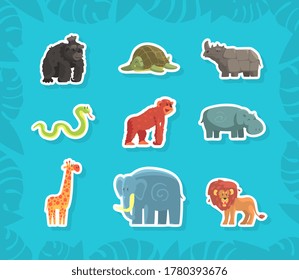 Cute Jungle Animals Stickers, Rhino, Orangutan, Turtle, Snake, Monkey, Hippo, Giraffe, Elephant, Lion Vector Illustration