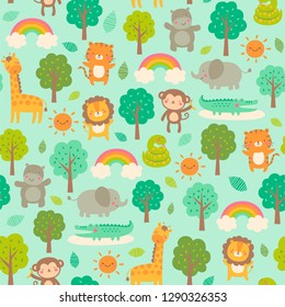 Cute jungle animals with trees and rainbows seamless pattern background