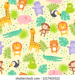 Cute Jungle Animals With Tropical Leaf Seamless Pattern Background