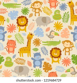 Cute jungle animals with tropical leaf seamless pattern background
