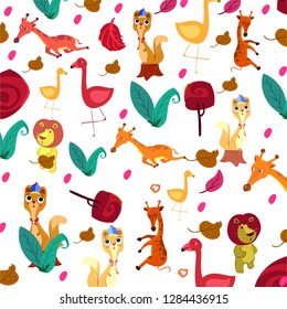 Cute jungle animals with tropical leaf seamless pattern background, vector illustration