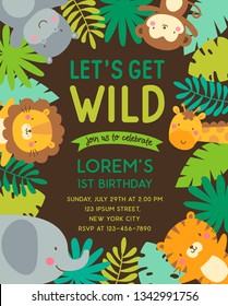 Cute Jungle Animals And Tropical Leaves Border For Kids Party Invitation Card Template.