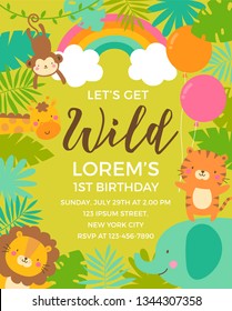 Cute jungle animals and tropical leaves for kids party invitation card template.