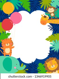 Cute jungle animals and tropical leaves border for kids party invitation card template.