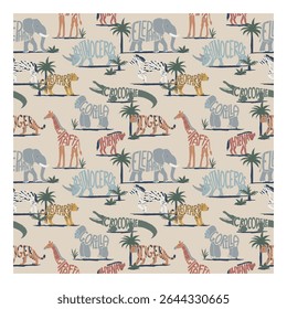 Cute Jungle Animals Typography Seamless Pattern, Educational Safari Animal with Text Vector Background for Kids