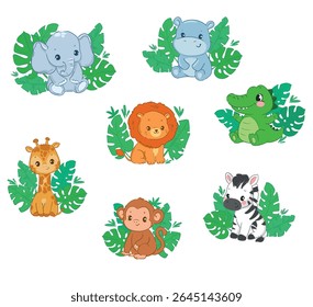 Cute Jungle Animals Vector Set Giraffe, Elephant, Hippo, Crocodile, Lion, Zebra and Monkey with Tropical Leaves on White Background Hand Drawn