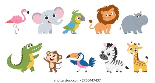 Cute Jungle Animals Vector Set. Cartoon Safari Animal Characters Collection with Lion, Elephant, Giraffe, Zebra, Monkey, Crocodile, Flamingo, Parrot, Toucan and Hippopotamus. Kids Wildlife Illustration