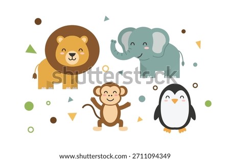 Cute Jungle Animals Vector Set. Flat Design Lion, Elephant, Monkey, and Penguin Collection. Safari Wildlife Clip Art.