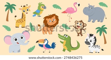 Cute Jungle Animals Vector Set. Cartoon Safari Animals Collection with Lion, Elephant, Giraffe, Zebra, Monkey, Crocodile, Flamingo, Parrot and Toucan. Kids Tropical Animal Illustration