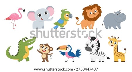 Cute Jungle Animals Vector Set. Cartoon Safari Animal Characters Collection with Lion, Elephant, Giraffe, Zebra, Monkey, Crocodile, Flamingo, Parrot, Toucan and Hippopotamus. Kids Wildlife Illustration