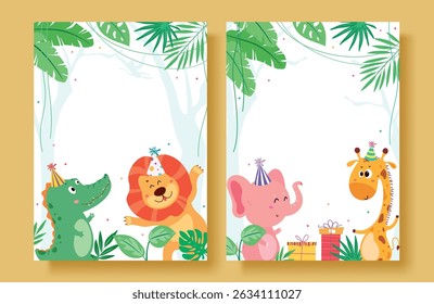 Cute jungle animals wearing party hats celebrate with gifts and decorations. Perfect for kids’ birthday invitations, greeting cards, and party printables. Bright, festive, and fun.