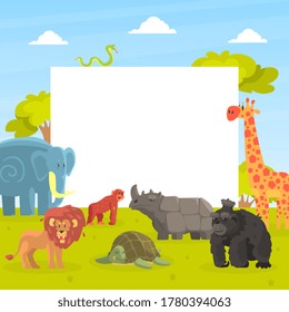 Cute Dschungeltiere mit weißem leerem Banner, Giraffe, Elefanten, Löwen, Affen, Rhino, Orangutan, Schildkröte, die neben der unsichtbaren Vektorgrafik steht