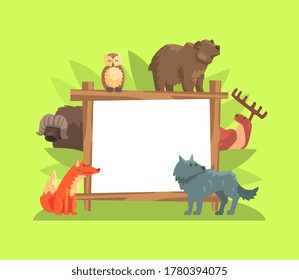 Cute Jungle Animals with White Empty Banner, Bear, Buffalo, Owl, Bear, Deer, Wolf Standing Next to the Blank Signboard Vector Illustration