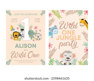Cute Jungle AnimalsFirst Birthday Clipart. Vector illistration.