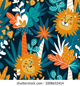 Cute jungle baby endless background. Vector seamless pattern with lions and tropical plants in bright colors.