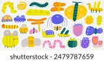 Cute jungle funny hand drawn doodle insects, pest set with butterfly, spider, caterpillar, worm, bug, moth, ladybird, bee, snail, mosquito, bumblebee. Cartoon style nature creatures set
