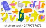 Cute jungle funny hand drawn doodle birds set with parrot, ara, dove, sparrow, toucan, goose, swallow, hummingbird, parrot. Cartoon style nature creatures characters set