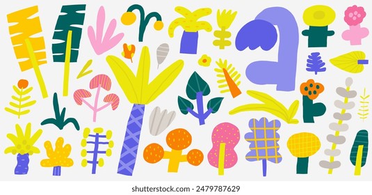 Cute jungle funny hand drawn doodle plants set with flowers, trees, palm, monstera, leaf, branch, grass. Cartoon style nature elements set. Forest, wood, rainforest botany, decorative collection