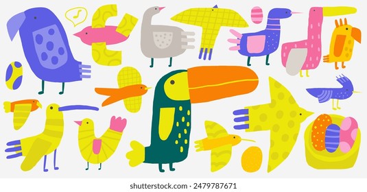 Cute jungle funny hand drawn doodle birds set with parrot, ara, dove, sparrow, toucan, goose, swallow, hummingbird, parrot. Cartoon style nature creatures characters set