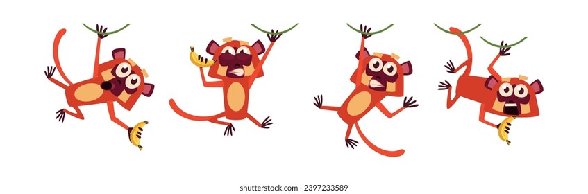 Cute Jungle Monkey Character with Long Tail and Big Eyes Vector Set