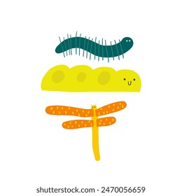 Linda selva, composición de selva tropical, postal con divertida mano dibujada doodle libélula, oruga, larva. Naturaleza salvaje, bosque de musgo, impresión de camiseta de madera, cubierta, Plantilla, Anuncio, cartel, impresión.