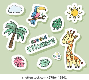 Cute jungle stickers set with giraffe, toucan bird, palm tree and monstera leaves. Vector cartoon tropical animals patches collection for kids design, notebooks, scrapbooking, planners. EPS.