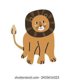 Cute jungle wild animal cat - lion character in scandinavian style. Vector illustration in flat style. Isolated vector icons of wild jungle cute lion, baby animal character.