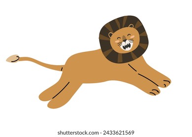 Cute jungle wild animal jumping - lion in scandinavian style. Vector illustration in flat style. Isolated vector icons of wild jungle cute lion, baby animal character. Can used for cards, background.