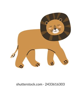Cute jungle wild animal walking - lion in scandinavian style. Vector illustration in flat style. Isolated vector icons of wild jungle cute lion, baby animal character. Can used for cards, background.