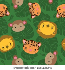 Cute jungle wild animals seamless pattern. Cartoon leopard, lion, monkey, cheetah, jaguar. Tropical leaves background. Whimsical design. Baby or toddler fashion. Kids textile fabric print sweet style.