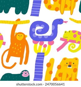 Cute jungle, wild nature seamless pattern. Funny hand drawn doodle repeatable pattern with monkey, snake, chameleon, leopard, gorilla. Mossy forest, wood theme background