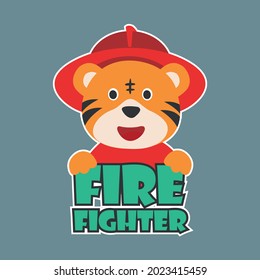 Cute junior fire fighter. Cartoon hand drawn vector illustration. Can be used for t-shirt print, kids wear fashion design, fabric, textile, nursery wallpaper, poster and other decoration.
